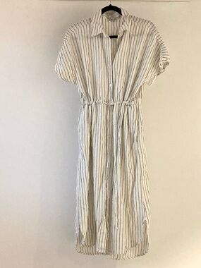 A New Day Linen Cream Striped Midi Shirt Dress Small